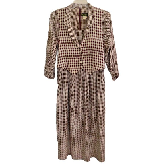 Stuart Allen Gingham Dress Womens Sz 8 VTG 70s USA Midi Vest Cottagecore Pockets - Picture 1 of 14